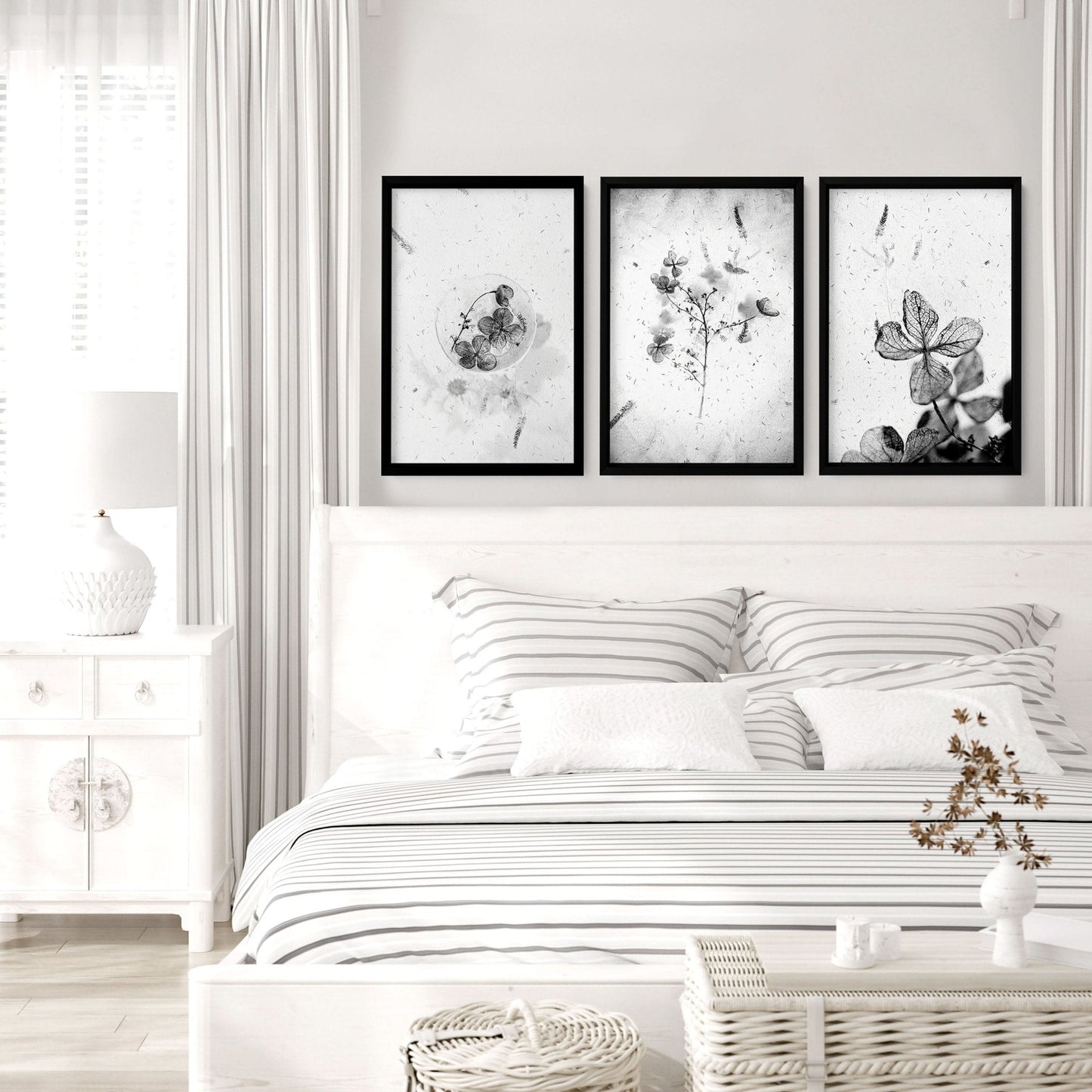 Greyscale Botanical Bedroom Wall Art Set of 3