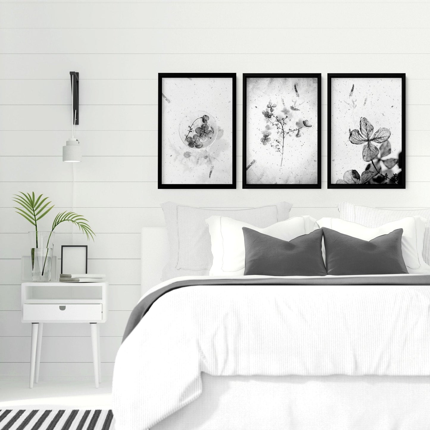 Greyscale Botanical Bedroom Wall Art Set of 3