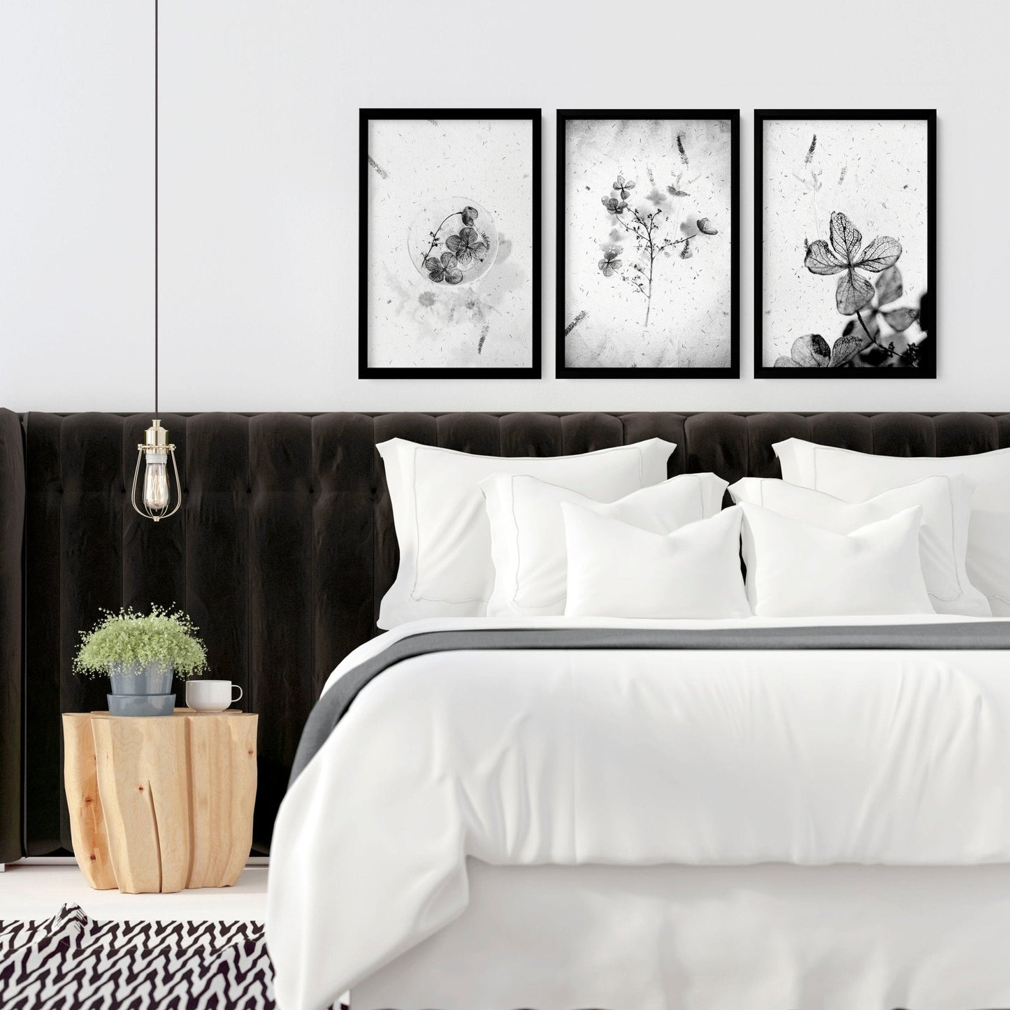 Greyscale Botanical Bedroom Wall Art Set of 3