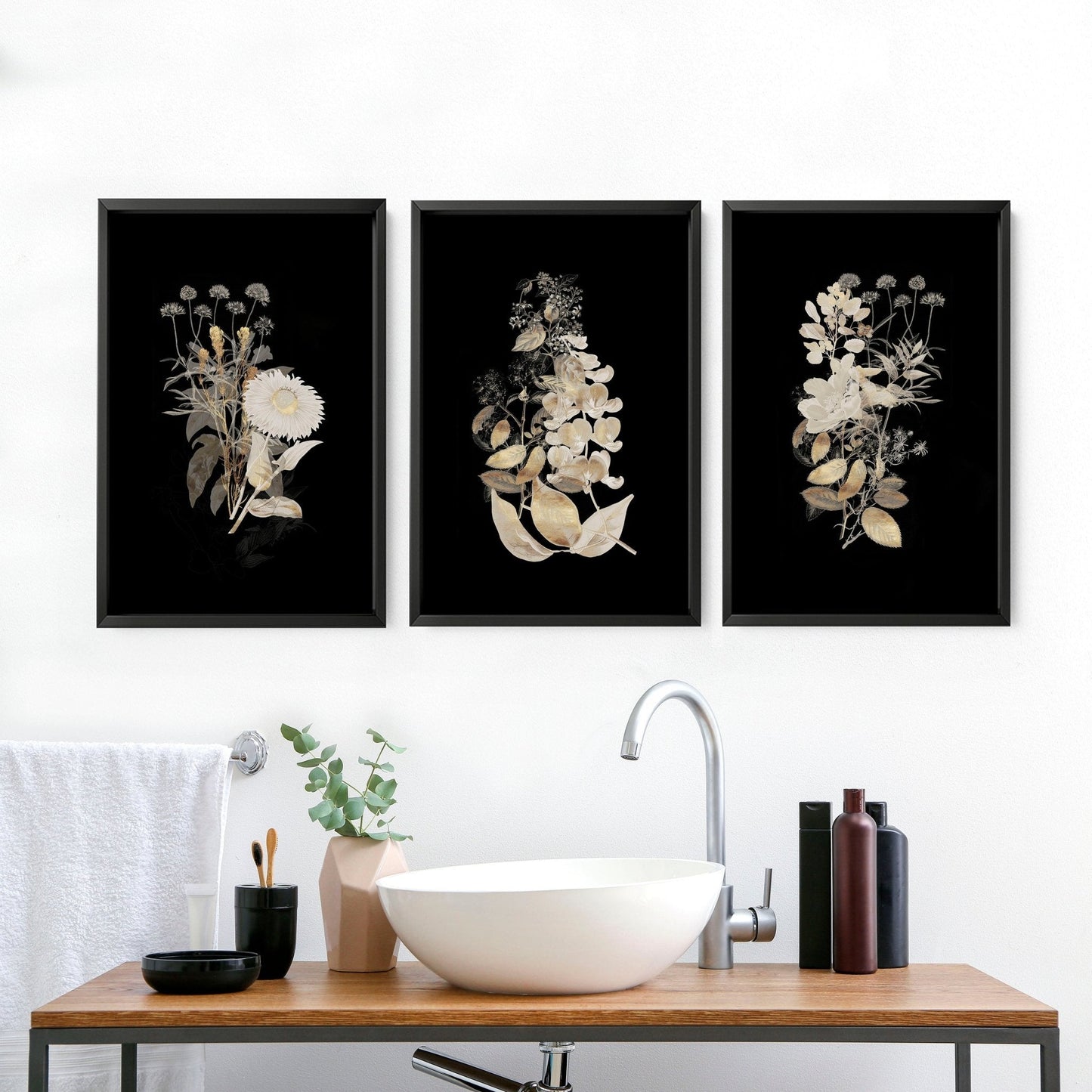 Gold Botanical Bathroom Wall Art Set of 3