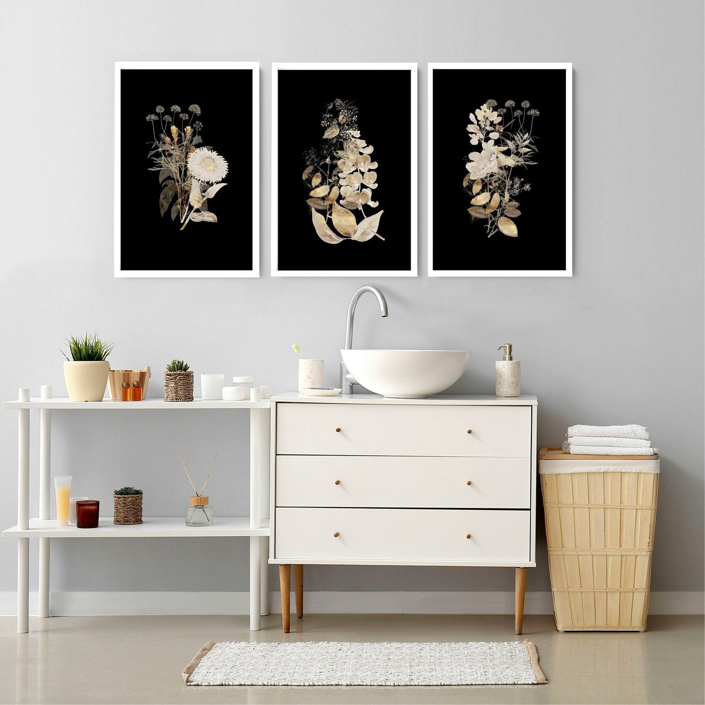 Gold Botanical Bathroom Wall Art Set of 3