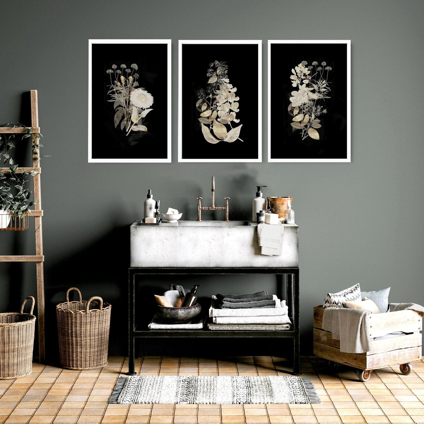 Gold Botanical Bathroom Wall Art Set of 3